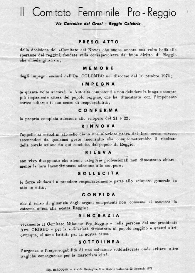 Volantino del Comitato Femminile Pro-Reggio, 22 gennaio 1971